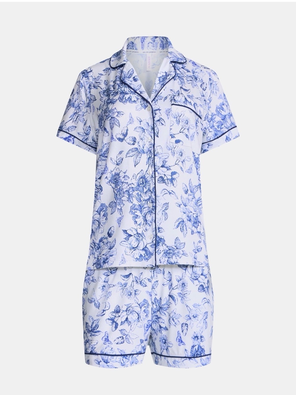 White and Blue Floral Short Pajama Set with Contrast Piping
